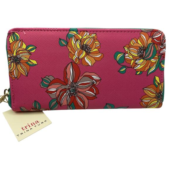 Trina Turk Floral Zip Around‎ Wallet Clutch Hot Pink Kelly Green Cottagecore NWT - Picture 1 of 6